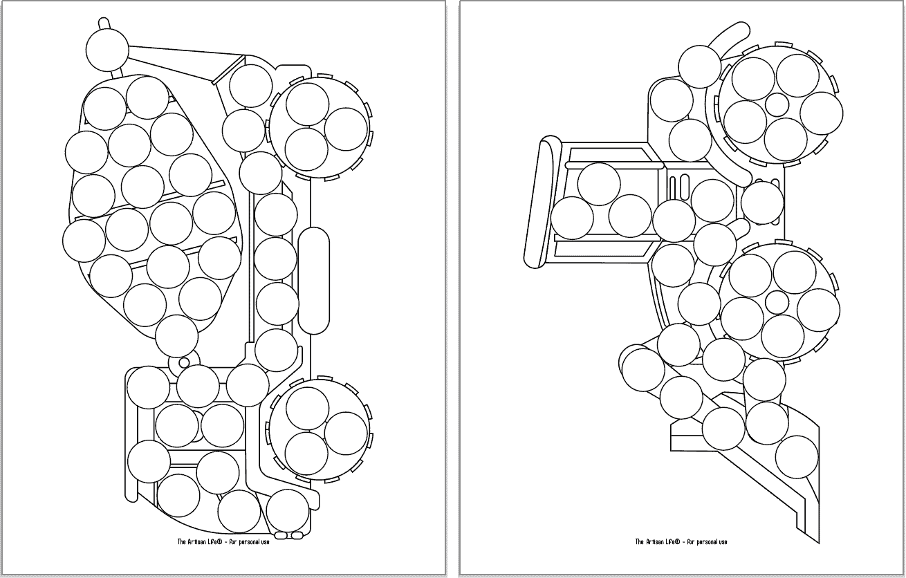 Two dab it dauber marker printables. Each page has a large construction vehicle clipart image covered with blank circles to dot it in with a marker. Vehicles include a cement mixer and a tractor with a bucket on the front.