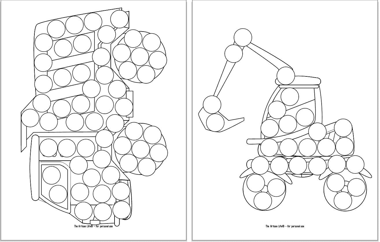 Two dab it dauber marker printables. Each page has a large construction vehicle clipart image covered with blank circles to dot it in with a marker. Vehicles include a dump truck and a front digger.