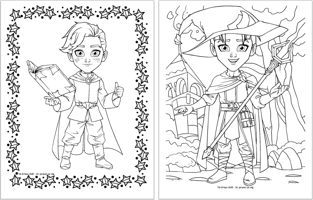 Two coloring pages. On the left is a boy wizard with a book in his hand. Not he right is a wizard in a large hat with a long staff.