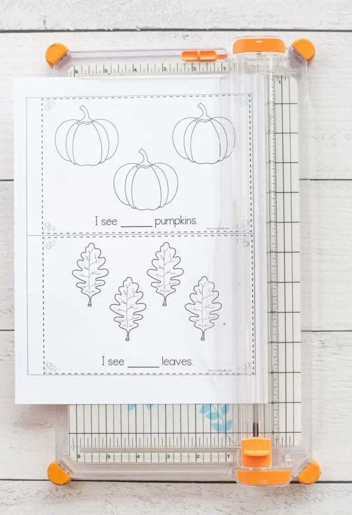 A fall emergent reader counting book printable on a paper trimmer