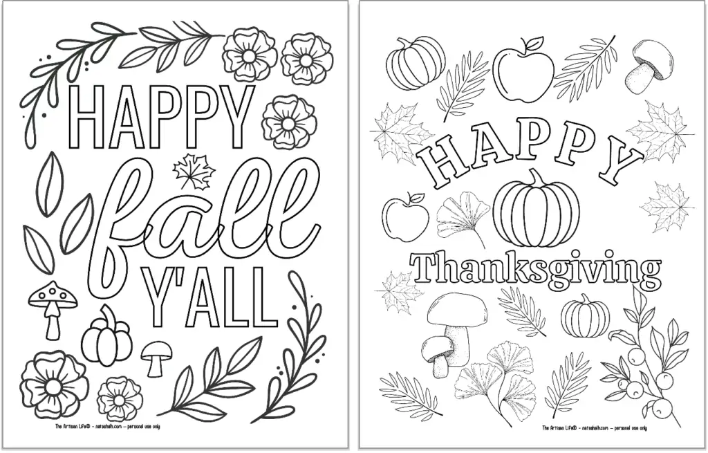 Two fall themed coloring pages. On the left is "happy fall y'all" and on the right is "happy Thanksgiving"