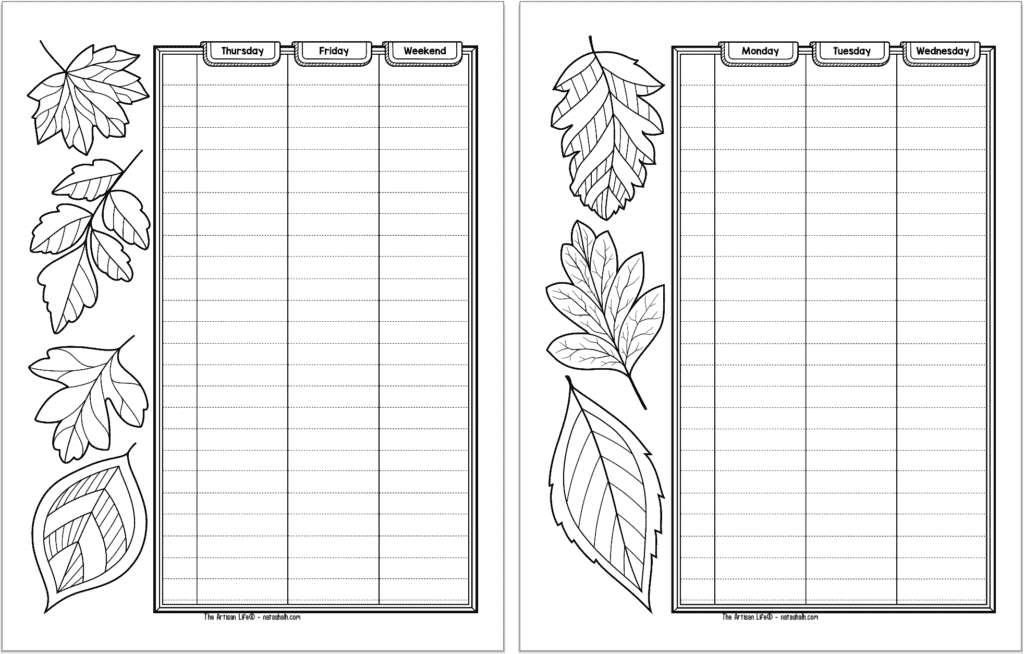 A preview of two pages of weekly spread planner pages with a fall leaf theme.