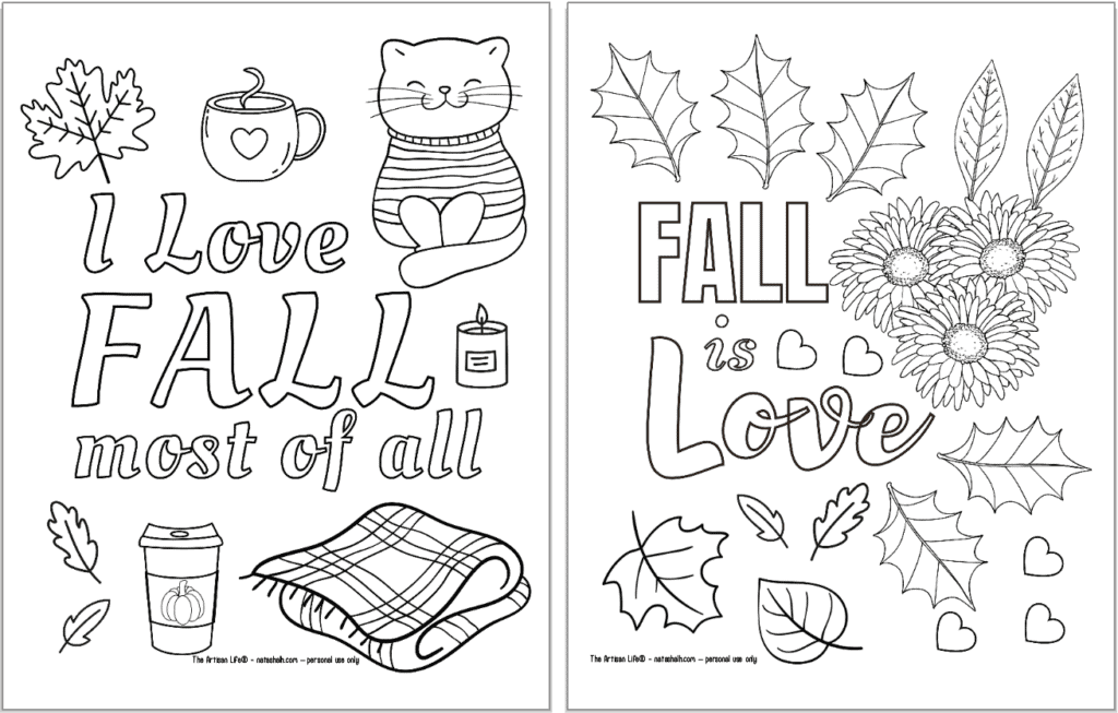 Two fall themed coloring pages. On the left is "I love fall most of all" and on the right is "fall is love"