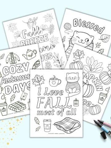 A preview of five autumn themed coloring pages for adults. Each page has a fall themed quotation with fall elements to color.