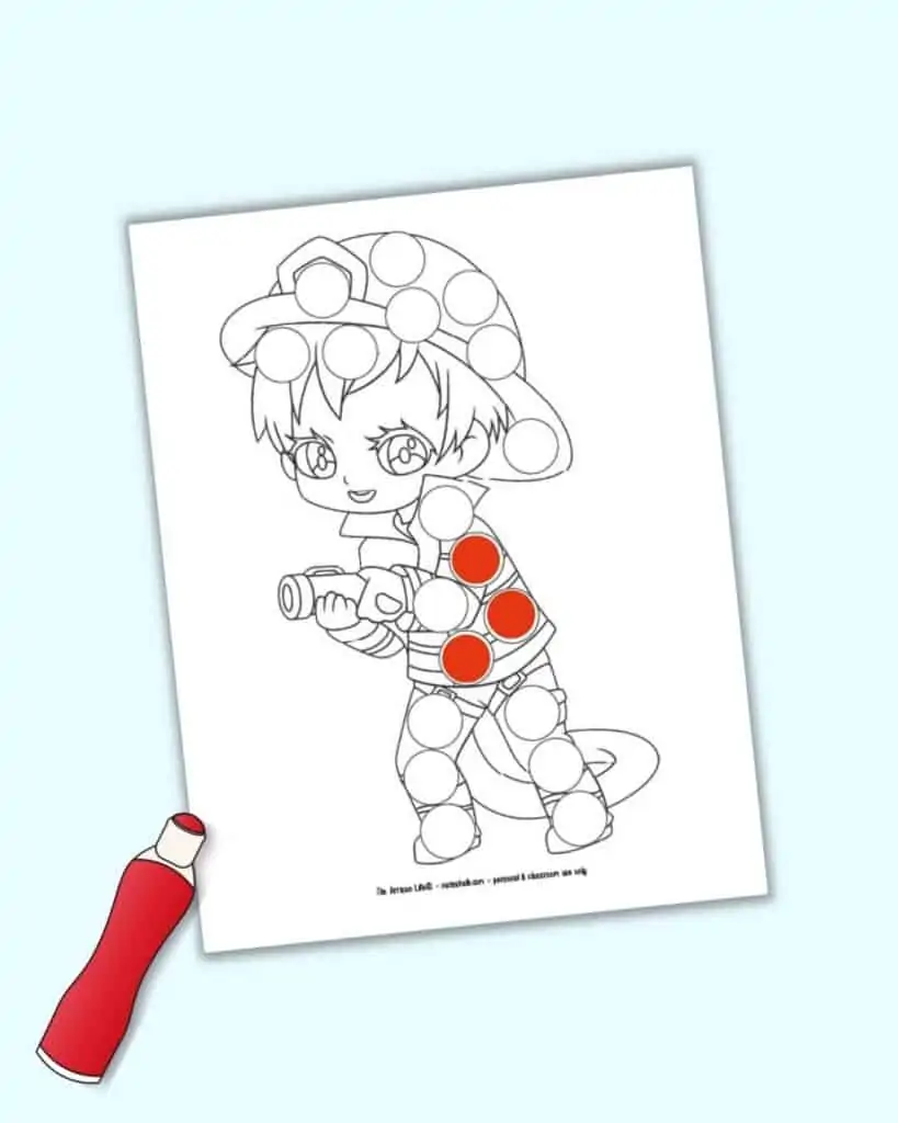 A digital mockup preview of a firefighter dot maker coloring page. It is shown with three circles filled in with red and an illustrated red dauber marker.