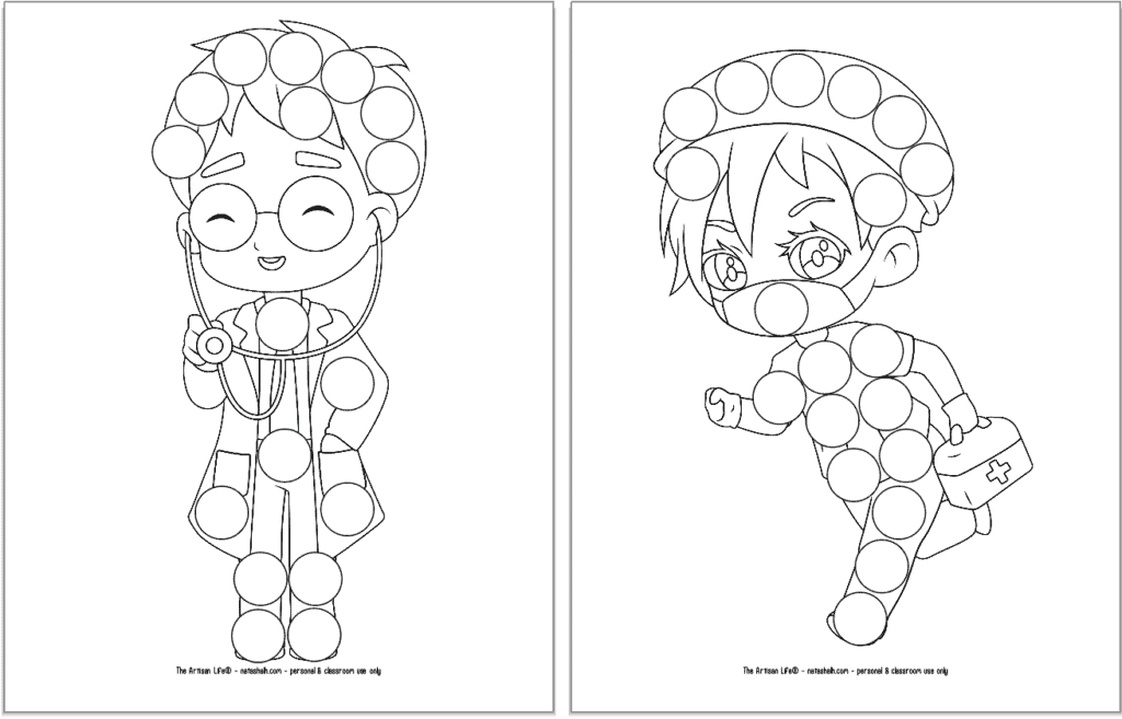 A preview of three printable first responder dot marker coloring pages. Each page has a large first responder with circles to color in with dauber markers. Both pages shown feature a doctor.