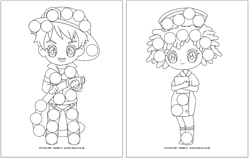 A preview of three printable first responder dot marker coloring pages. Each page has a large first responder with circles to color in with dauber markers. The page on the left has a firefighter. The page on the right has a nurse.