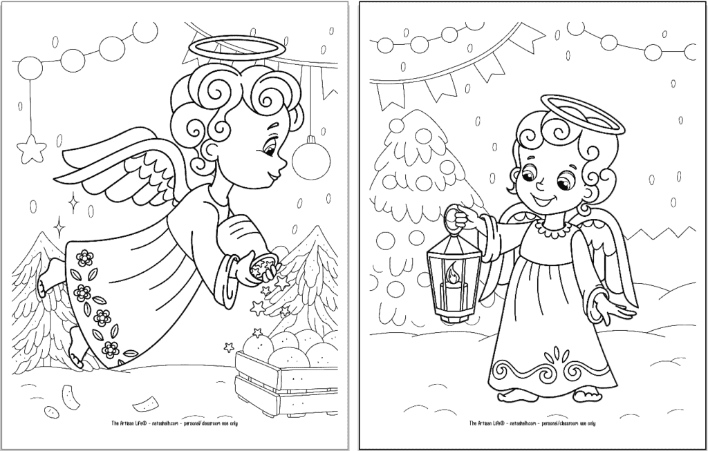 A preview of two printable Christmas angel coloring pages for kids. The angel on the left is flying and sprinkling stars. The angel on the right is carrying a candle lantern.