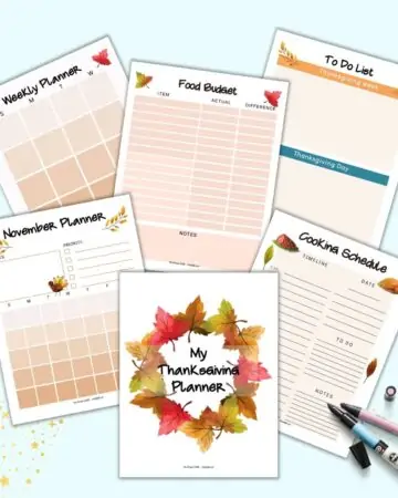 A preview of six pages from a printable Thanksgiving planner. pages include a cover page, November planner, weekly planner, food budget tracker, cooking schedule, and to do list.