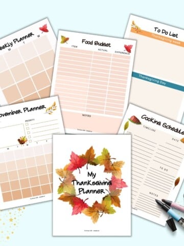 A preview of six pages from a printable Thanksgiving planner. pages include a cover page, November planner, weekly planner, food budget tracker, cooking schedule, and to do list.