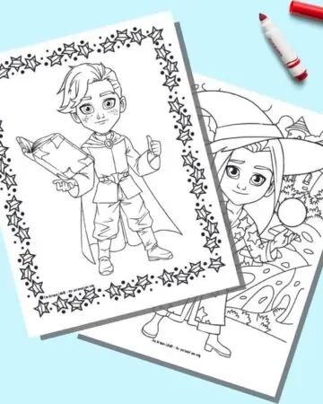 A preview of two child wizard coloring pages for kids. The boy wizard in front is holding a book. The girl in back has a crystal ball.