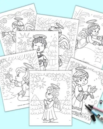 A preview of seven printable Christmas angel coloring sheets for children. Each page has a cute, childish angel and a Christmas background.