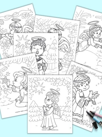 A preview of seven printable Christmas angel coloring sheets for children. Each page has a cute, childish angel and a Christmas background.
