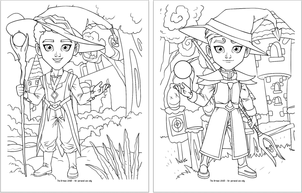 Two child wizard coloring pages. The boy wizard on the right is holding a staff with a globe. On the right is a wizard with a floating globe and a long staff.