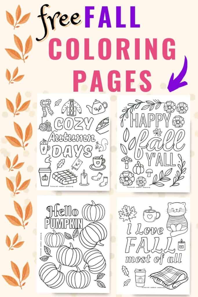 Text "free fall coloring pages" above a preview of four fall coloring pages for adults and teens. Each page has a fall quotation and fall elements to color.