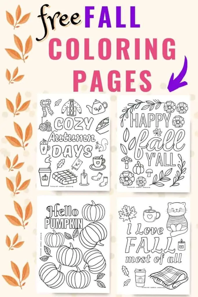Text "free fall coloring pages" above a preview of four fall coloring pages for adults and teens. Each page has a fall quotation and fall elements to color.