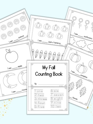 A preview of six sheets of printable fall counting book. Each sheet has two pages to cut apart and assemble into an emergent reader. One page has a cover and numbers 1-10 to trace. The remaining sheets have black and white clipart with a simple sentence "I see..." to fill in the number of items shown.