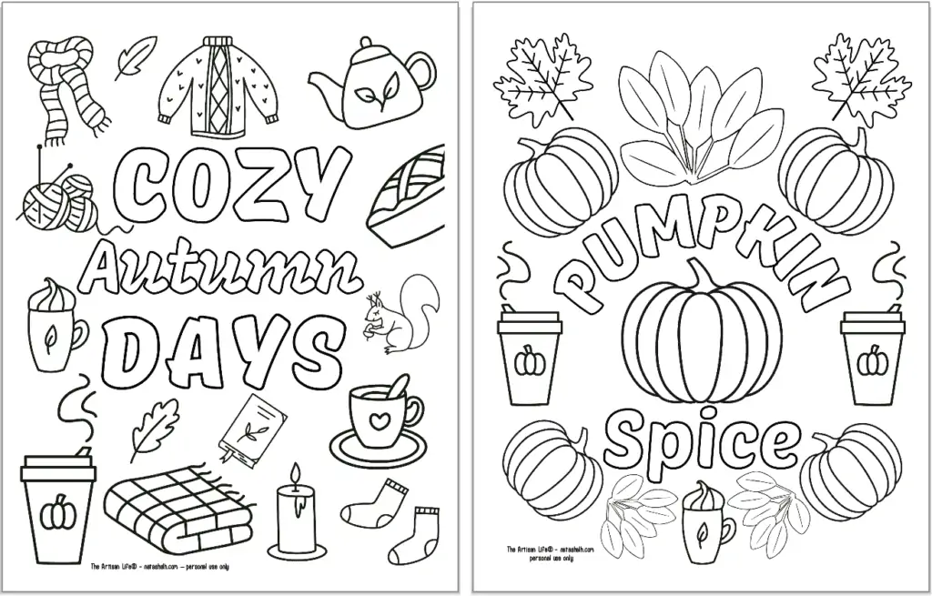 Two fall themed coloring pages. On the left is "cozy autumn days" and on the right is "pumpkin spice"