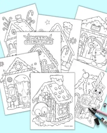 a preview of seven printable gingerbread house coloring pages. Each page has a large, decorated gingerbread house to color with a Christmas character out front. Characters include a Christmas owl, a nutcracker, a gnome, and snowmen.
