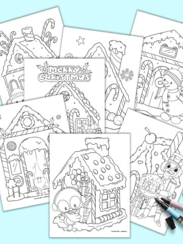 a preview of seven printable gingerbread house coloring pages. Each page has a large, decorated gingerbread house to color with a Christmas character out front. Characters include a Christmas owl, a nutcracker, a gnome, and snowmen.