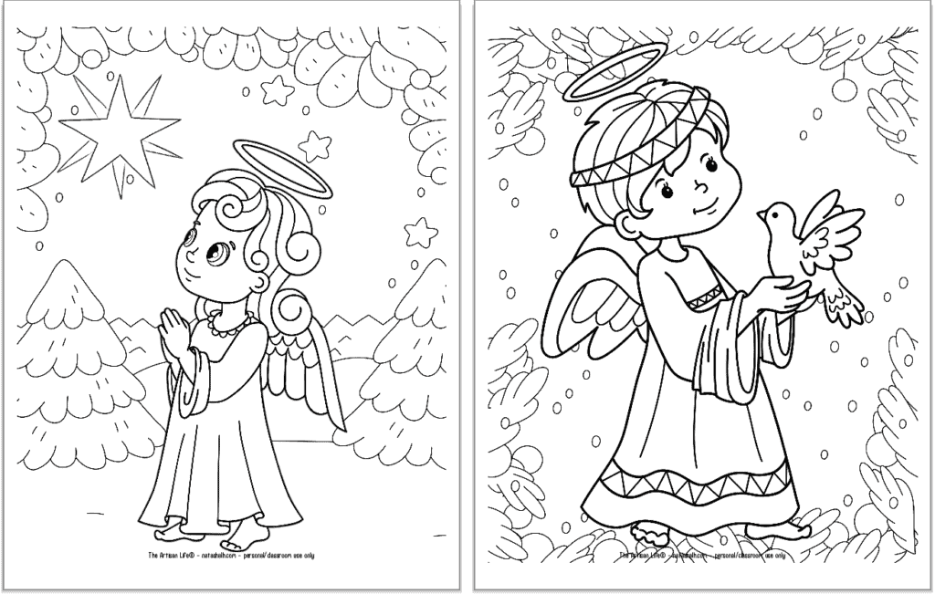 A preview of two printable Christmas angel coloring pages for kids. The angel on the left is praying and looking up at a star. The angel on the right is holding a dove.