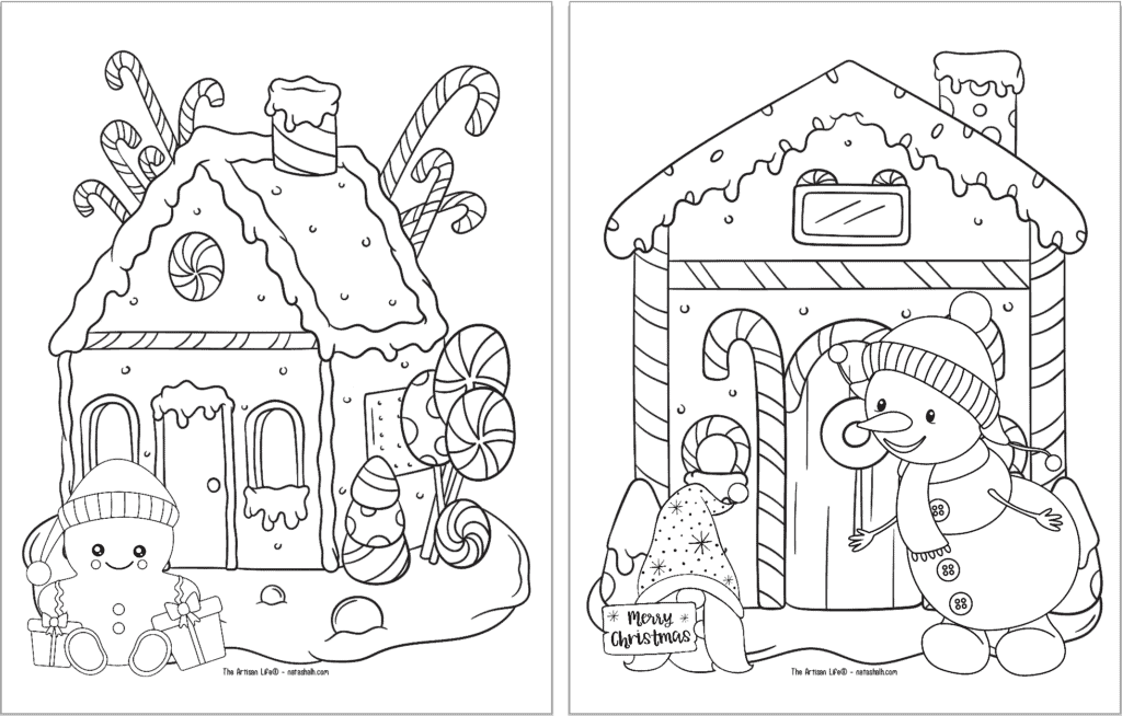 Two free printable Christmas gingerbread coloring pages. The page on the left has a gingerbread man with a Santa hat and the page on the left has a snowman with a Christmas gnome.