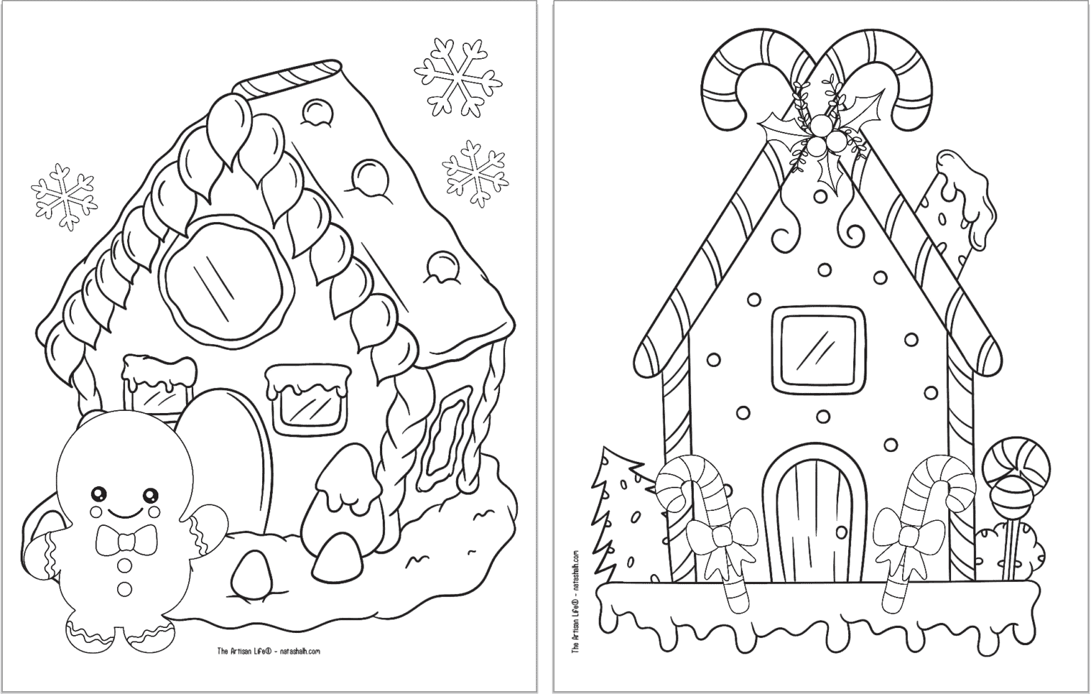 Two free printable Christmas gingerbread coloring pages. The page on the left has a waving gingerbread and the page on the right has candy canes in front of the house