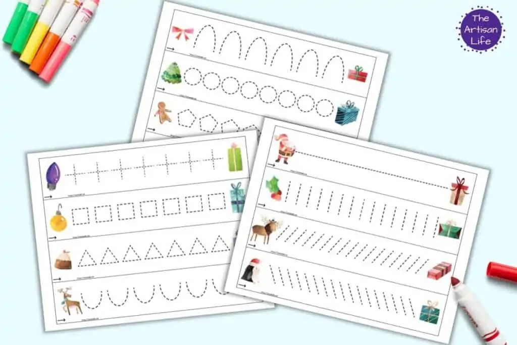 A preview of three printable pages of prewriting practice cards. Each page has four cards to cut apart. Each card has letter formation shapes with one type of shape per card. On the left of each card is a Christmas clipart image. On the right is a Christmas present.