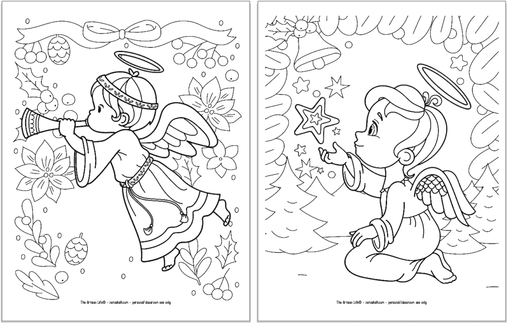 A preview of two printable Christmas angel coloring pages for kids. The angel on the left is flying and blowing a trumpet. The angel on the right is kneeling and looking at a star.