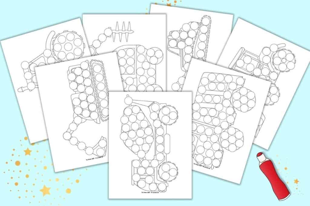A preview of seven printable dot marker coloring pages. Each page has the outline of a construction vehicle filled with blank circles to fill with a dauber style marker.