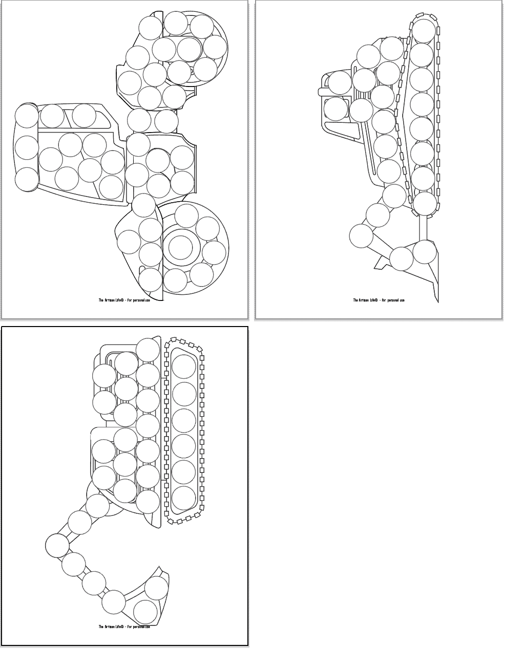 Three dab it dauber marker printables. Each page has a large construction vehicle clipart image covered with blank circles to dot it in with a marker. Vehicles include a roller for pressing down fresh asphalt, a low digging machine with treads, and a machine with treads and a large digging bucket.