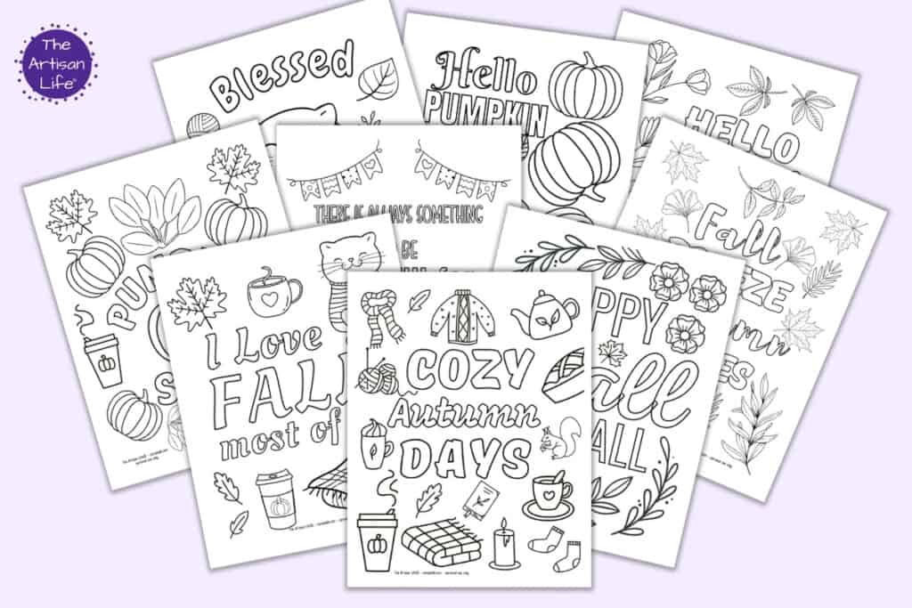 A preview of nine fall themed coloring pages. Each page has a fall related quotation and fall elements to color.