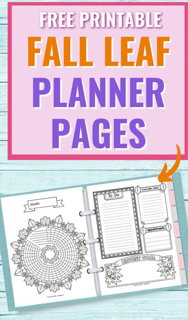 Text "free printable fall leaf planner pages" above a preview of a digital mockup of a planner with a fall leaf habit tracker and daily log.