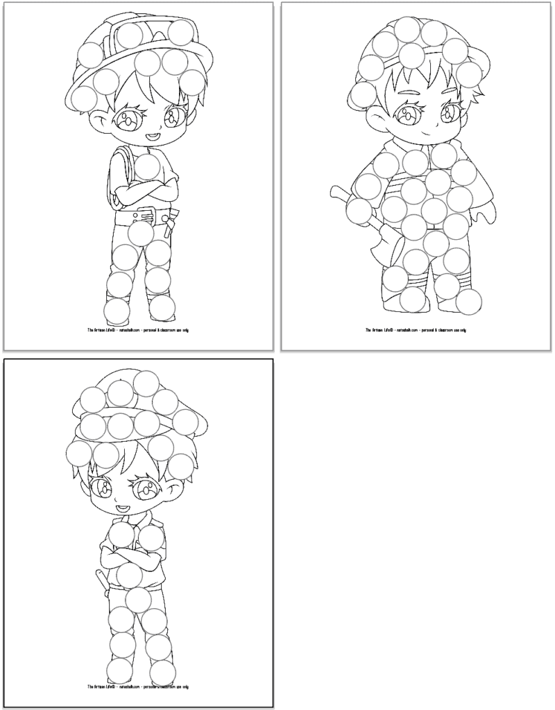 A preview of three printable first responder dot marker coloring pages. Each page has a large first responder with circles to color in with dauber markers. Images include: two firefighters and a police officer.