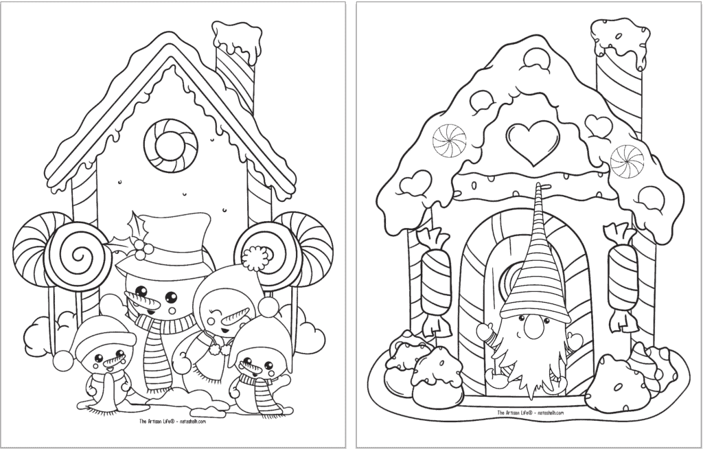 Two free printable Christmas gingerbread coloring pages. The page on the left has a family of four snowmen in front of the hose and the page not eh right has a jumping Christmas gnome.