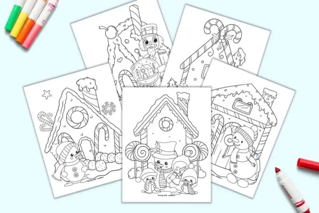 A preview of five free printable gingerbread house coloring pages for Christmas. Each page has a gingerbread house to color with candy and characters out front. Three pages have snowmen and one has a nutcracker holding a snow globe.