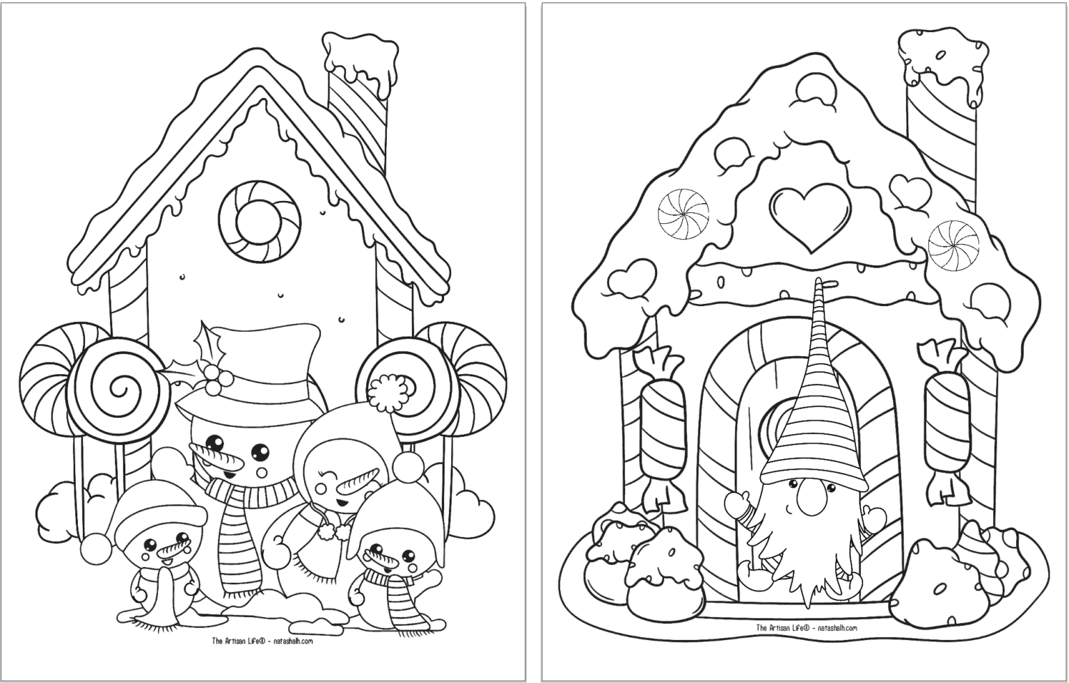 Two free printable Christmas gingerbread coloring pages. The page on the left has a family of four snowmen in front of the hose and the page not eh right has a jumping Christmas gnome.