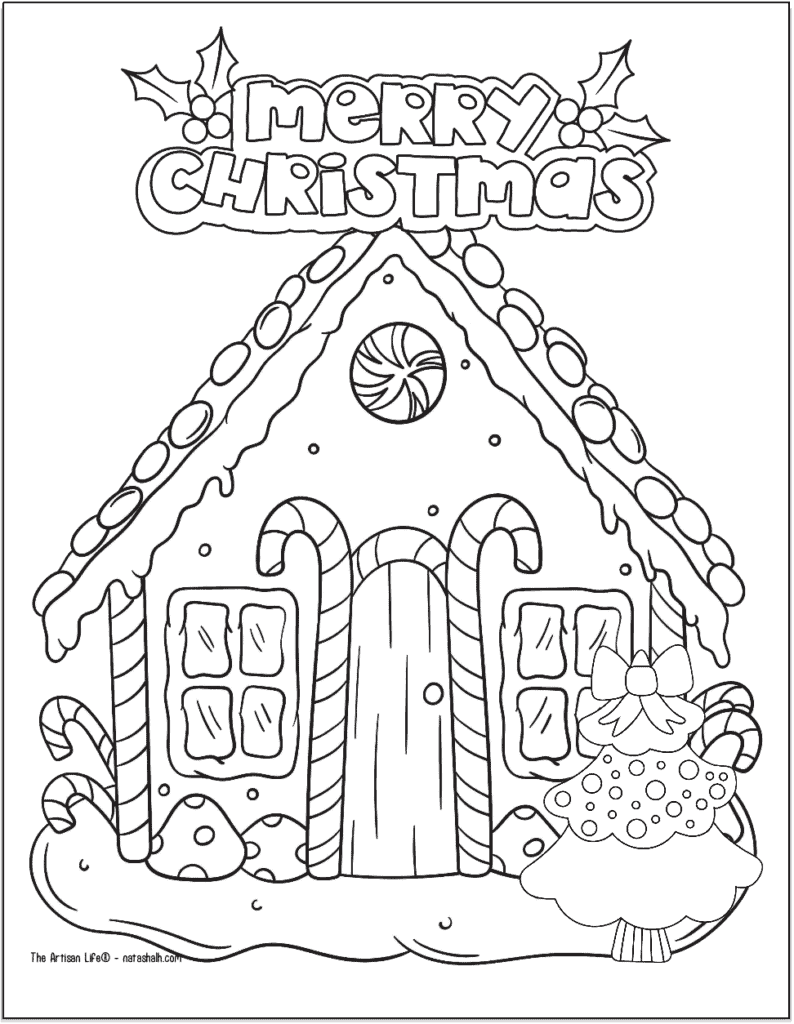 A free printable Gingerbread house coloring page with "Merry Christmas" in bubble letters at the top.