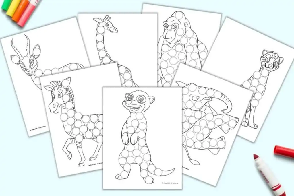 A preview of seven printable safari animal dot marker coloring pages. Each page has a large black and white African animal covered with blank circles to fill in with a dot marker. Images include: a meerkat, a zebra, a gazelle, a giraffe, a gorilla, an elephant, and a cheetah