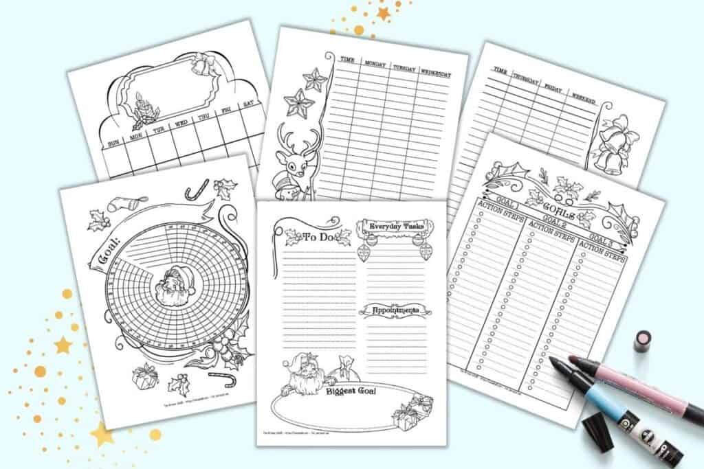 A preview of six pages of printable Santa themed bullet journal-style planner pages. Each page is in black and white with Santa and Christmas themed elements to color. Pages include a daily log, weekly log (two page spread), habit tracker, goals tracker, and monthly calendar. 