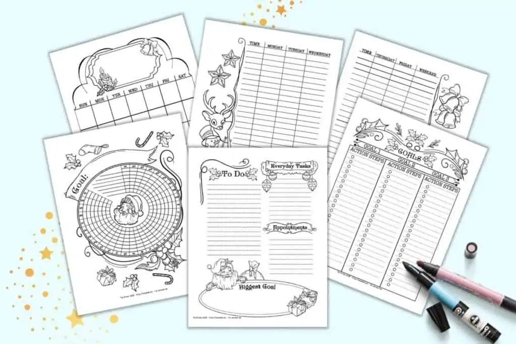 A preview of six pages of printable Santa themed bullet journal-style planner pages. Each page is in black and white with Santa and Christmas themed elements to color. Pages include a daily log, weekly log (two page spread), habit tracker, goals tracker, and monthly calendar. 