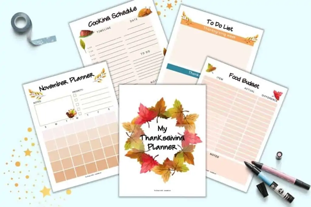 A preview of five printable Thanksgiving planner pages including a cover page, November monthly planner, food budget tracker, to do list, and cooking schedule.