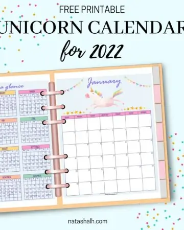 A mockup preview of a 2022 calendar printable with unicorns in a six ring planner. A 2022 year at a glance page is on the left, a January 2022 calendar is on the right.