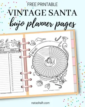 A digital mockup of a Santa themed habit tracker and goals planner in a six ring planner. The text overlay "free printable vintage Santa bujo planner pages" is above the image.
