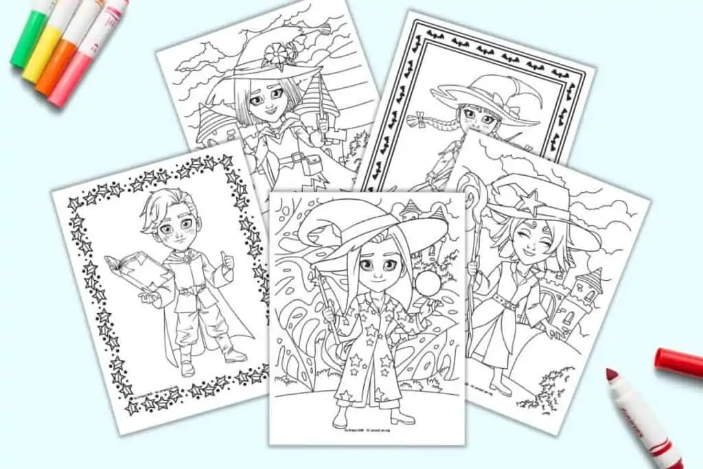 A preview of five printable witch and wizard coloring pages for kids. The pages are on a light blue background with colorful children's markers.