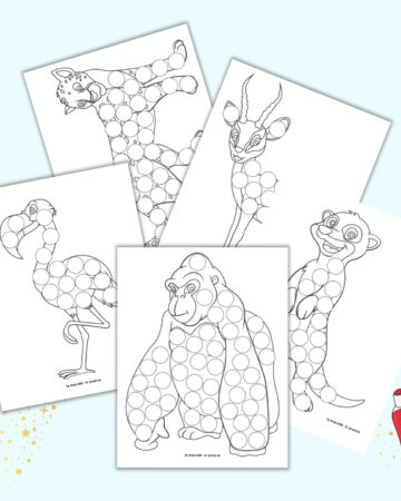A preview of five printable safari animal dot marker coloring pages. Each page has a large black and white African animal covered with blank circles to fill in with a dot marker. Images include: a gorilla, a flamingo, a lioness, a gazelle, and a meerkat.