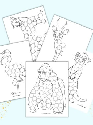 A preview of five printable safari animal dot marker coloring pages. Each page has a large black and white African animal covered with blank circles to fill in with a dot marker. Images include: a gorilla, a flamingo, a lioness, a gazelle, and a meerkat.