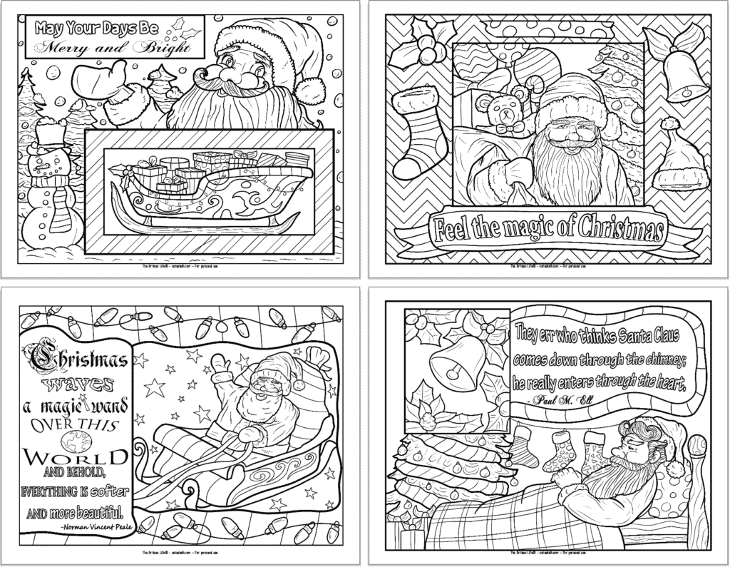 Four free printable Santa coloring pages for adults with a vintage illustration style. 