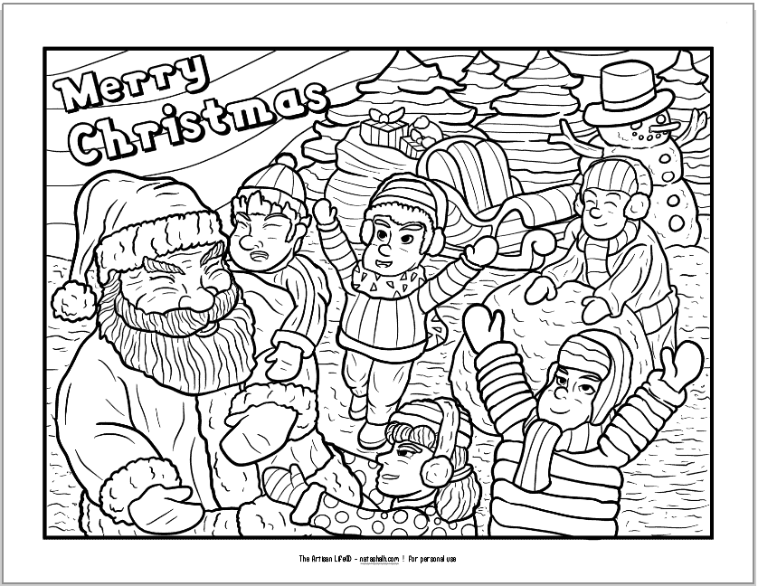 A vintage-style Santa coloring page for adults with "Merry Christmas," Santa, and elves.