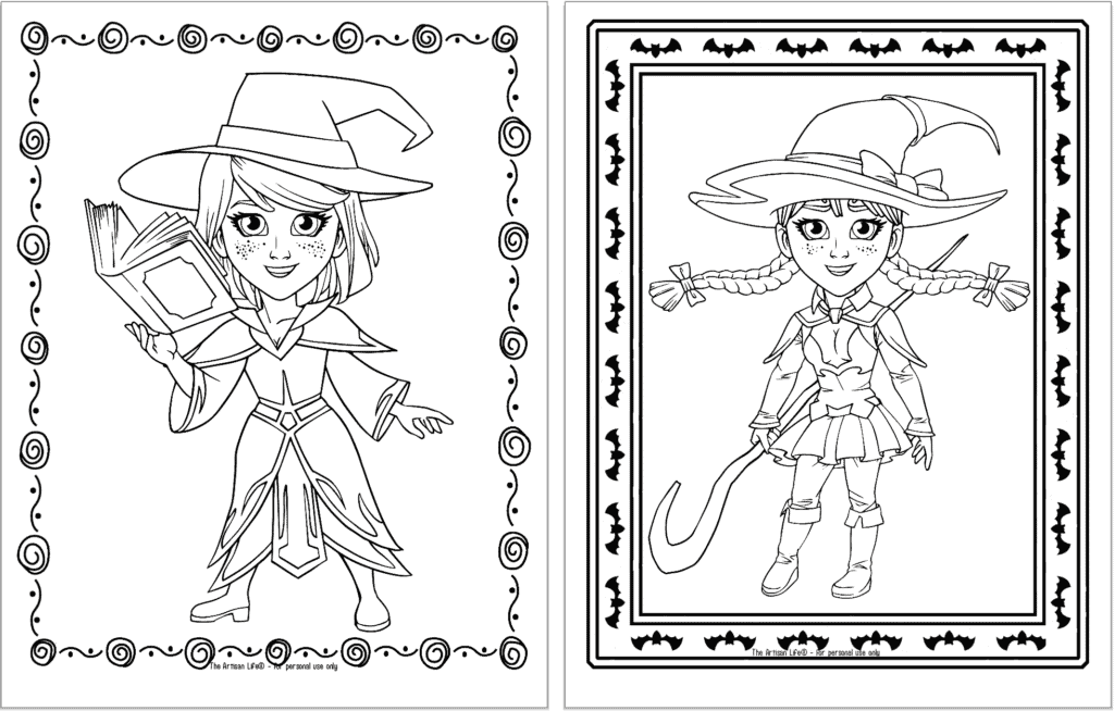 A preview of two cute witch coloring pages. One witch is holding a book. The other has braided pigtails and a long staff with a crook.